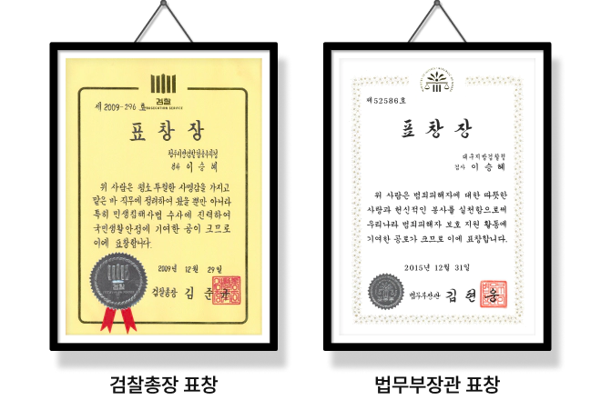 대검찰청 성범죄 공인전문검사 - 검찰총장 표창, 법무부장관 표창