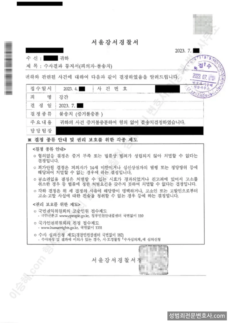 무혐의(불송치) 처분문서