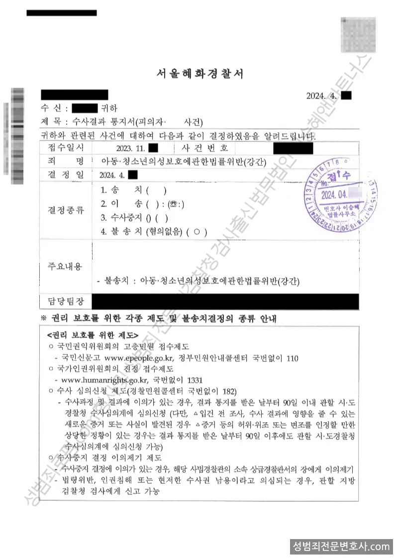 무혐의(불송치) 처분문서