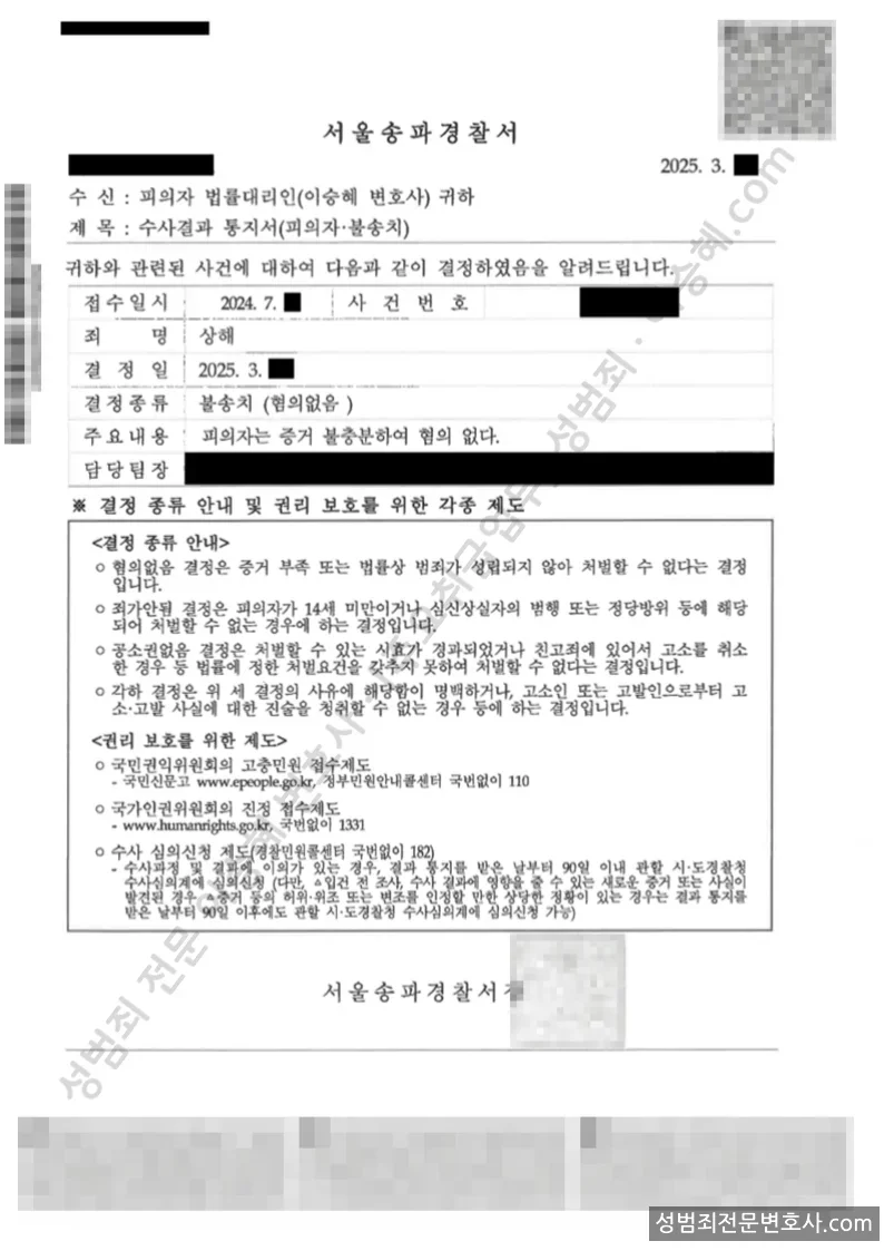 무혐의(불송치) 처분문서