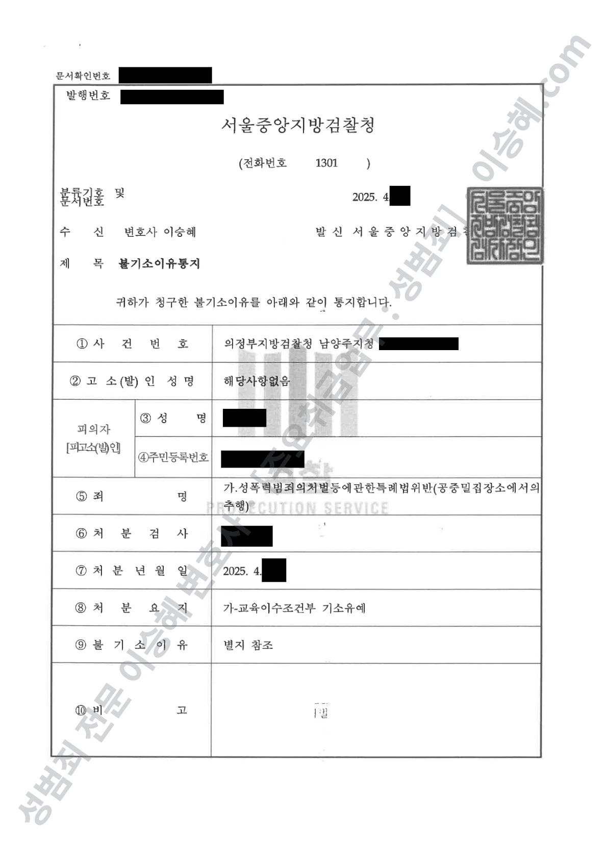 기소유예(불기소) 처분문서